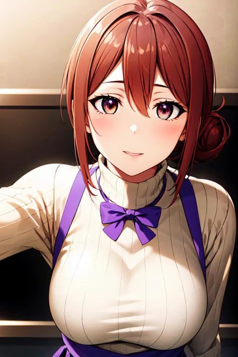 ribbed sweater,turtleneck,purple_apron, purple bowtie,pencil skirt, <lora:Mrs_Yuigahama_OreGairu-KK77-V1:0.7>, hair_between_eyes, hair_bun, brown_hair,brown_eyes,
1 girl, 20yo,Young female,Beautiful Finger,Beautiful long legs,Beautiful body,Beautiful Nose,Beautiful character design, perfect eyes, perfect face,expressive eyes, looking at viewer, in the center of the image,(light_smile:0.5), official art,extremely detailed CG unity 8k wallpaper, perfect lighting,Colorful, Bright_Front_face_Lighting,shiny skin, (masterpiece:1.0),(best_quality:1.0), ultra high res,4K,ultra-detailed, photography, 8K, HDR, highres, absurdres:1.2, Kodak portra 400, film grain, blurry background, bokeh:1.2, lens flare, (vibrant_color:1.2) (Beautiful,large_Breasts:1.0), (beautiful_face:1.5),(narrow_waist)