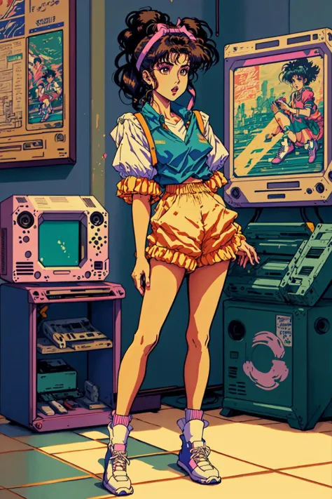 <lora:RetrowaveAnimeStyle-10:1> 1980s (style), 1boy, black hair, double bun, frilled sleeves, game console, game controller, hair bun, hair ribbon, headband, open mouth, parted lips, ponytail, poster (object), retro artstyle, retrowaveanime style, scrunchie, shirt, shoes, solo, tile floor, vest, white footwear, window