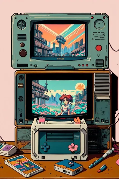 <lora:RetrowaveAnimeStyle-10:1> blue sky, cityscape, flower, game console, makeup, retro artstyle, retrowaveanime style, short sleeves, sitting, sky, smile, sunset, television, twintails, white shirt