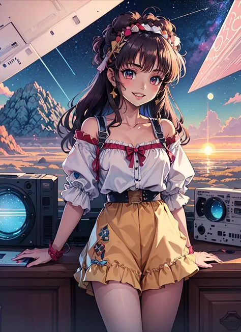 ((best quality)), ((highly detailed)), masterpiece, , (1girl), cowboy shot, girl next door, friendly, smiling, (outdoors, stars, galaxies, space, asteroids, dawn, sunrise, thunder storm), <lora:RetrowaveAnimeStyle:.6>, retrowaveanime style