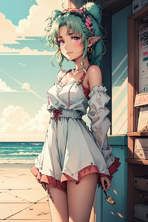 1girl, pointy ears, earrings, green hair, single braid, medium breasts, pink eyes, detailed eyes, light smile, parted lips,sundress, breasts,
standing, retrowaveanime style <lora:RetrowaveAnimeStyle:0.85>,
outdoors,