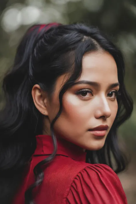 photoshoot of bph, (black hair), (wavy long hair blowing in the wind), , detailed skin texture, (blush:0.2), (goosebumps:0.3), (black and red outfit), subsurface scattering, Photorealistic, Hyperrealistic, Hyperdetailed, analog style, hip cocked, demure, detailed skin, matte skin, soft lighting, subsurface scattering, realistic, heavy shadow, masterpiece, best quality, ultra realistic, 8k, golden ratio, Intricate, High Detail, film photography, soft focus, <lyco:BellaPoarch-RealVision-V1.0:1.0>
