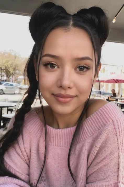 bphpiercing eyes, looking straight, very happy,pig tails hair, wearing an off-shoulder sweater, pink collar, closeup portrait, in a outdoor cafe in 2015, afternoon light,<lyco:BellaPoarch-RealVision-V1.0:1.0>
