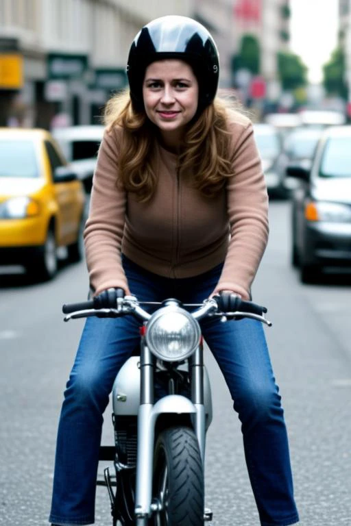 pmbsly, - Background: A bustling city street, crowded with people and cars. - Subject: A woman in casual clothes, looking at the camera, her expression unreadable. - Foreground: A man on a motorcycle, wearing a leather jacket and helmet, riding past the woman towards the camera.