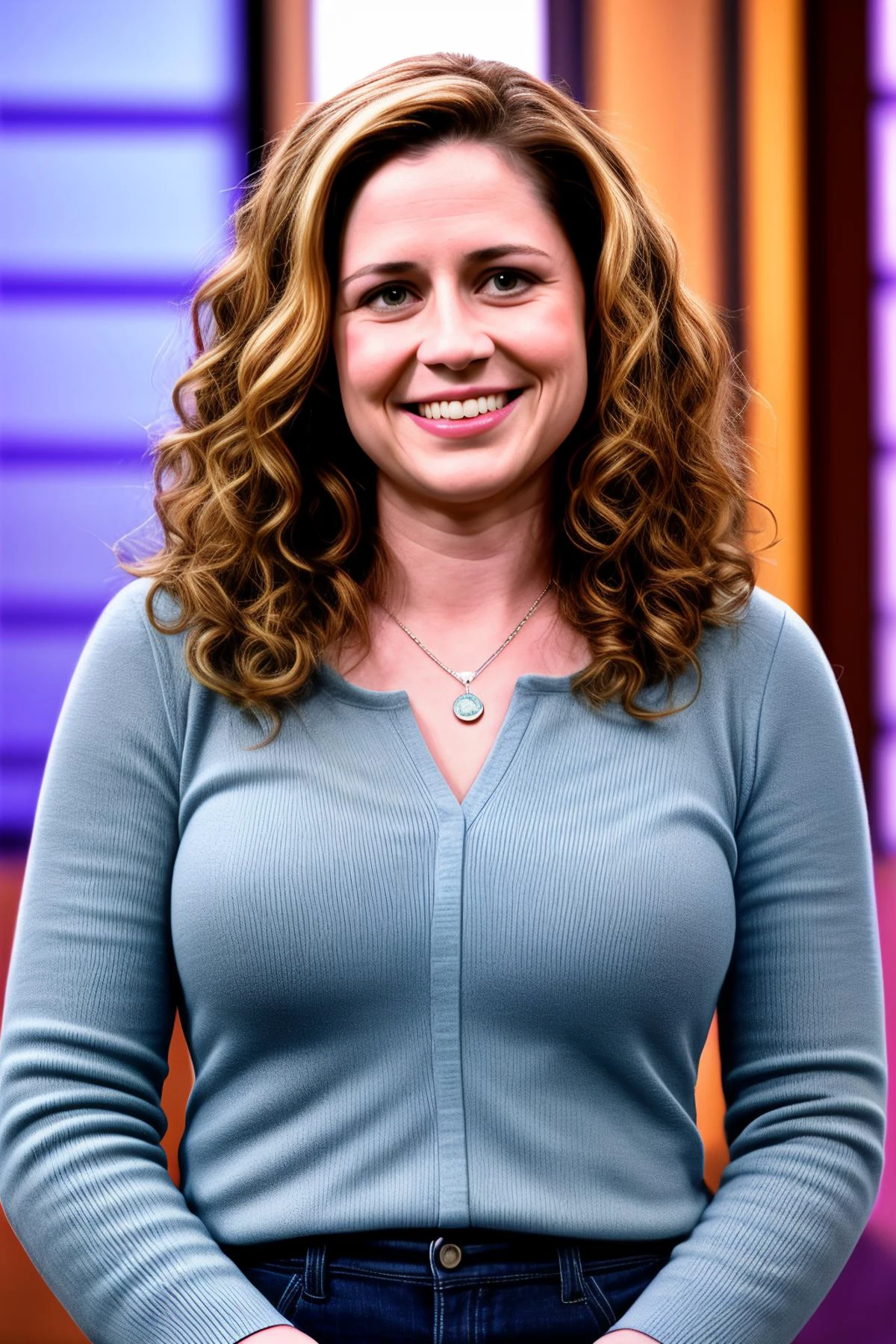 pmbsly, photograph, wavy brown hair,Best quality, professional, studio shoot, Smiling, with a hint of mischief in her eyes, Wearing a simple necklace with a small stone, Her hair is long and wavy, with natural curls, She looks like she's just stepped out of a magazine.