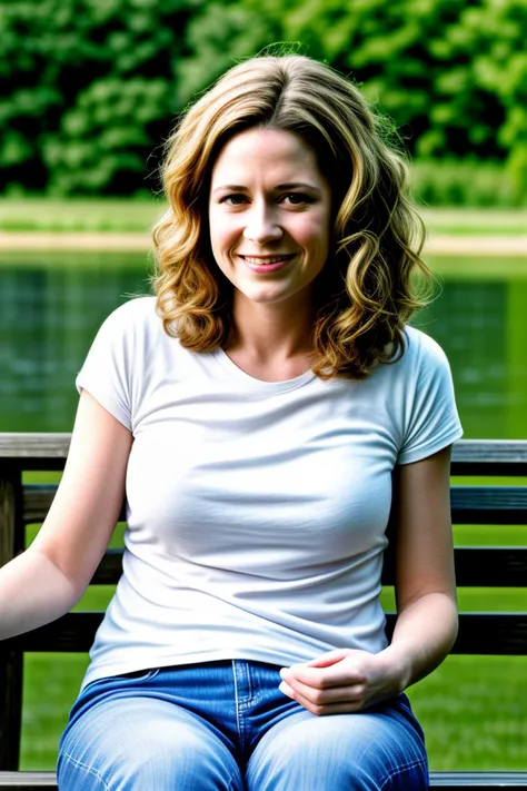 pmbsly, photograph, wavy brown hair,Best quality, professional, studio shoot, A young woman with long hair and a carefree smile, wearing a simple t-shirt and jeans, stares directly into the camera lens. Her eyes are bright and her expression is one of contentment and peacefulness. She seems to be in a natural setting, perhaps sitting on a park bench or by a river bank. The background is blurred, creating an impressionistic effect that draws attention to the woman's face and emotions.