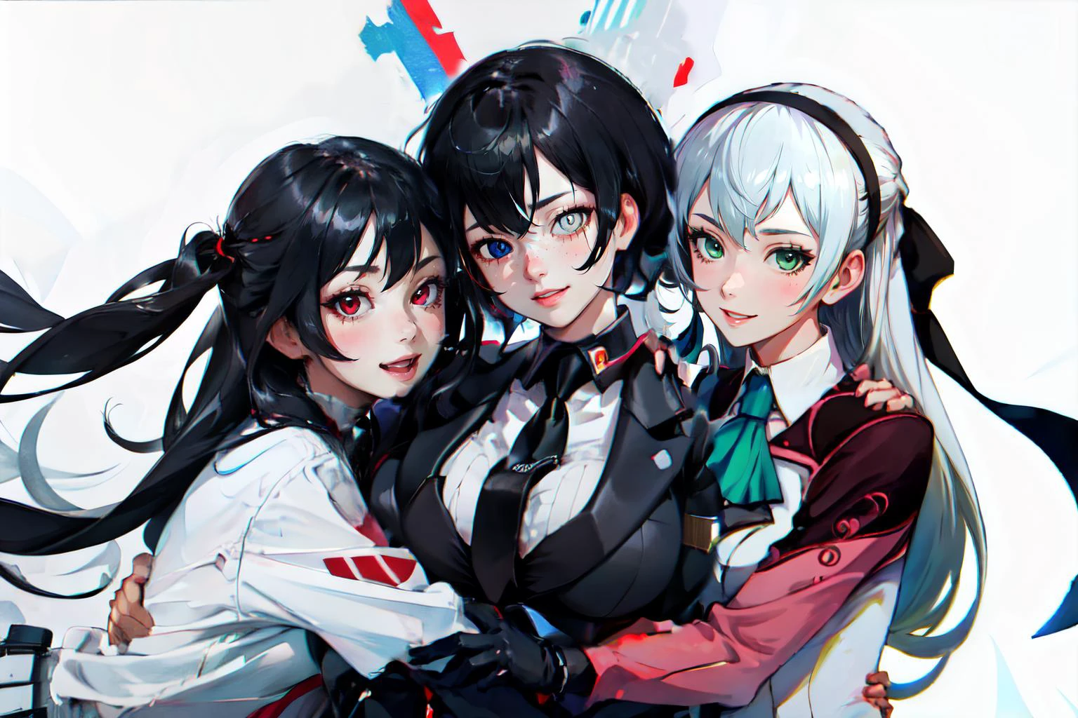 Highly detailed, High Quality, Masterpiece, beautiful, multiple girls,
BREAK 1girl, Nevin, red eyes, white shirt, <lora:Char_OC_Nevin:0.75>, happy, hug, black hair,
BREAK 1girl, justtnp, heterochromia, formal, black jacket, black necktie, <lora:Char_OC_JustTNP:0.8>, happy, hug, black hair, gigantic breasts,
BREAK 1girl, elie macdowell, green eyes, hairband, blue ascot, hair ribbon, long sleeves, <lora:Char_Meme_ElieMacDowell:0.9>, happy, hug, white hair,