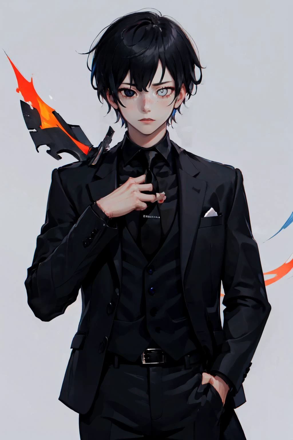Highly detailed, High Quality, Masterpiece, beautiful, 1boy, justtnp, heterochromia, formal, black jacket, black necktie, black pants, <lora:Char_OC_JustTNP:0.8>