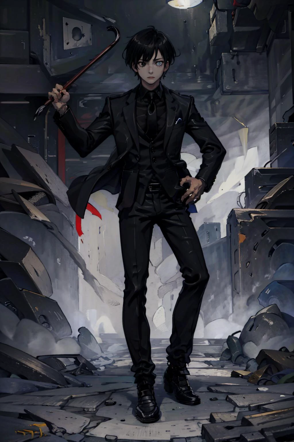 masterpiece, best quality, <lora:oc_justtnp-11:0.7> justtnp, heterochromia, formal, black jacket, black necktie, black pants <lora:Crowbar:1> crowbar, holding crowbar