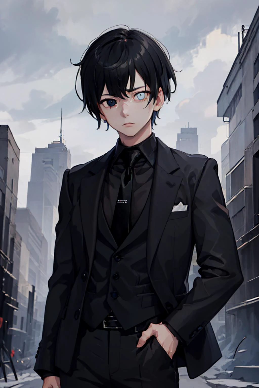 (masterpiece, best quality:1.2), solo, male focus, 1boy, justtnp, expressionless, looking at viewer, hand in pocket, heterochromia, formal, black jacket, black necktie, black pants <lora:oc_justtnp:0.8>