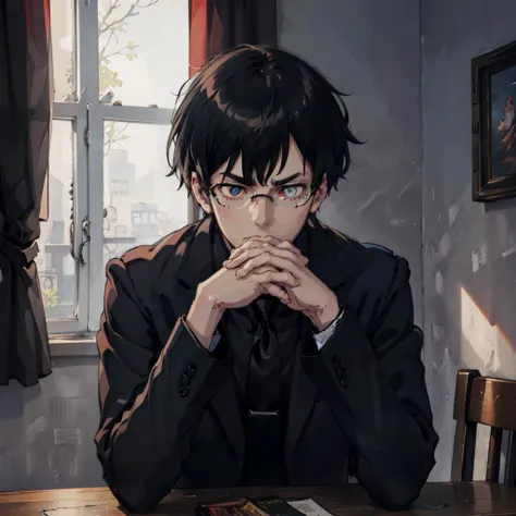 masterpiece, best quality, <lora:oc_justtnp-11:0.7> justtnp, heterochromia, black hair, formal, black jacket, black necktie, black pants  <lora:gendou pose:1.2> glasses, glowing eyes, dark room, table, furrowed brow