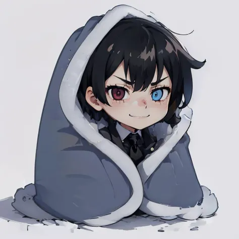 masterpiece, best quality <lora:oc_justtnp-11:0.8> justtnp, heterochromia, formal, black jacket, black necktie, chibi, cozyblanket, smile, furrowed brow, simple background <lora:cozyblanket-nvwls-v1:1>