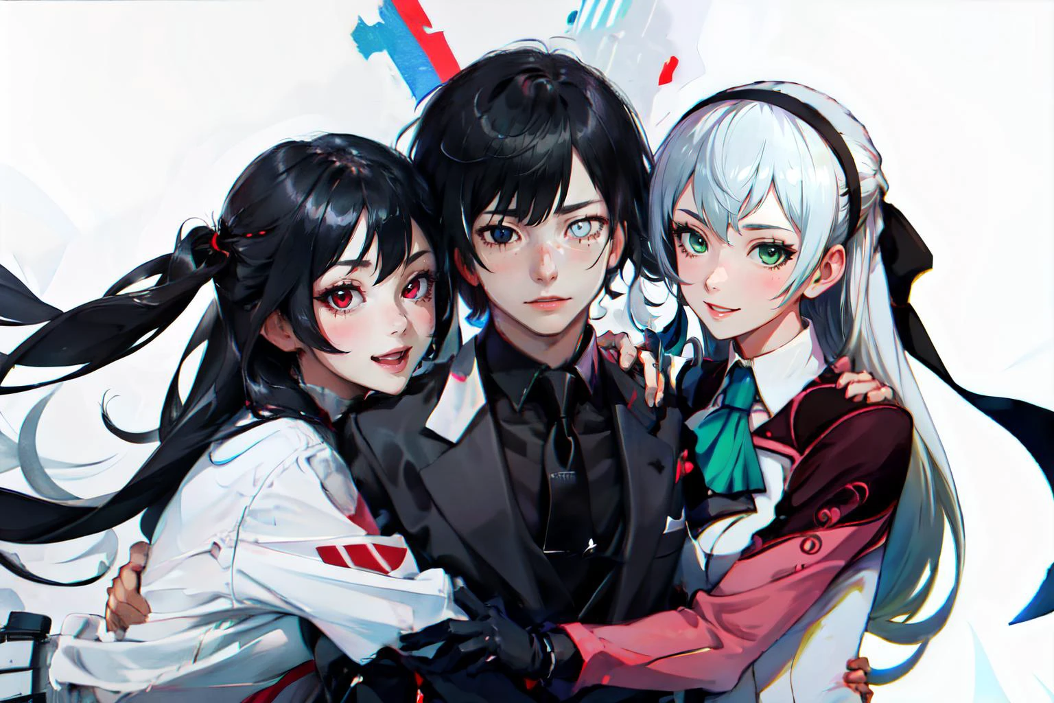 Highly detailed, High Quality, Masterpiece, beautiful, multiple girls,
BREAK 1girl, Nevin, red eyes, white shirt, <lora:Char_OC_Nevin:0.75>, happy, hug, black hair,
BREAK 1boy, justtnp, heterochromia, formal, black jacket, black necktie, <lora:Char_OC_JustTNP:0.8>, happy, hug, black hair,
BREAK 1girl, elie macdowell, green eyes, hairband, blue ascot, hair ribbon, long sleeves, <lora:Char_Meme_ElieMacDowell:0.9>, happy, hug, white hair,