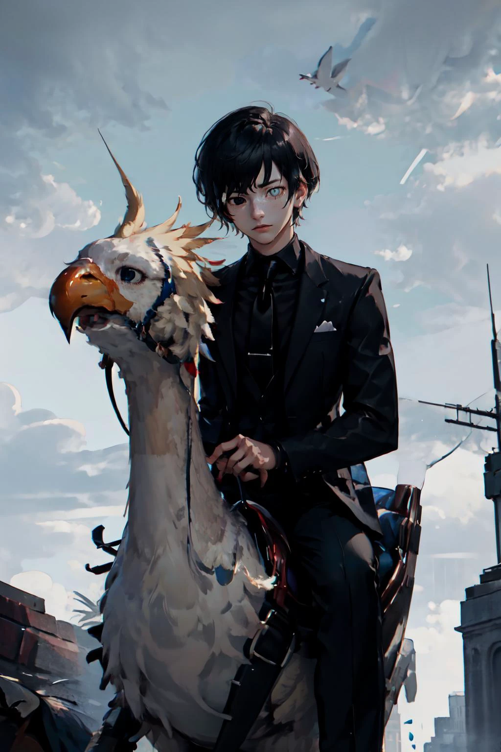 Highly detailed, High Quality, Masterpiece, beautiful, 1boy, solo, chocobo, riding chocobo, <lora:Pos_ChocoboRiding:1>, justtnp, heterochromia, formal, black jacket, black necktie, black pants, <lora:Char_OC_JustTNP:0.8>, outdoors,