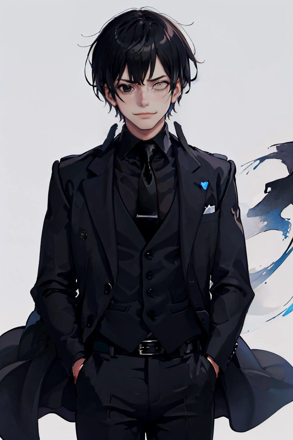 (masterpiece, best quality:1.2), (simple background, white background:1.1), solo, male focus, 1boy, justtnp, smug, smirk, hand in pocket, heterochromia, formal, suit, black necktie, black pants <lora:oc_justtnp-11:0.9>