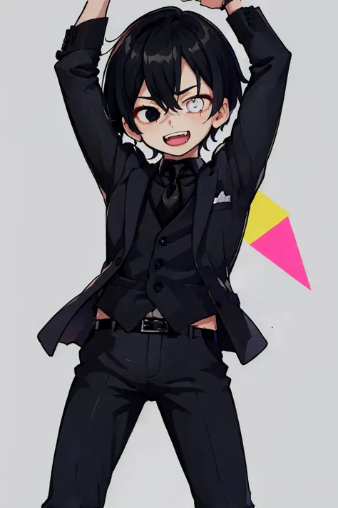 masterpiece, best quality, 1boy, solo, standing, arms up, stretching, <lora:oc_justtnp-11:0.9> justtnp, heterochromia, formal, black jacket, black necktie, black pants, <lora:DarkCabalChibiStyle:1> chibi, happy, cute