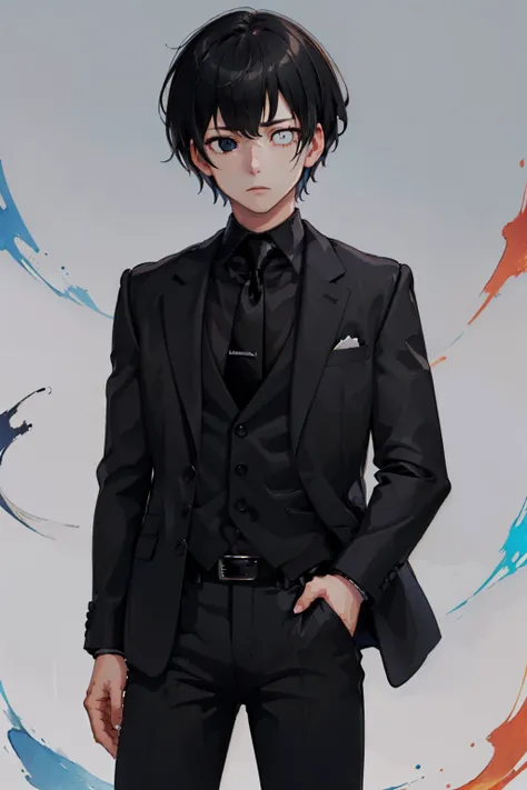 (masterpiece, best quality:1.2), solo, male focus, 1boy, justtnp, expressionless, looking at viewer, hand in pocket, heterochromia, formal, black jacket, black necktie, black pants, black belt <lora:oc_justtnp:0.8>