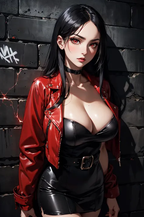 (masterpiece, best quality, hires, high resolution:1.2), (1girl, solo), (mature woman), (a sexy dangerous woman), (expressive eyes), (eyelashes, eyeliner, eyeshadow), serious expression, (long black straight hair:1.4), (huge breasts, cleavage), (red glowing eyes:1.2), (red leather jacket:1.4), (tight black leather dress:1.4), (ornate delicate leather dress), (straps, belts), lace stockings, (in a dark wall:1.4), (graffiti on the dark wall), (two tone lighting, dimly lit, moody lighting), (cowboy shot), (dark theme:1.4), (at night:1.4), <lora:epiNoiseOffset:0.6>,