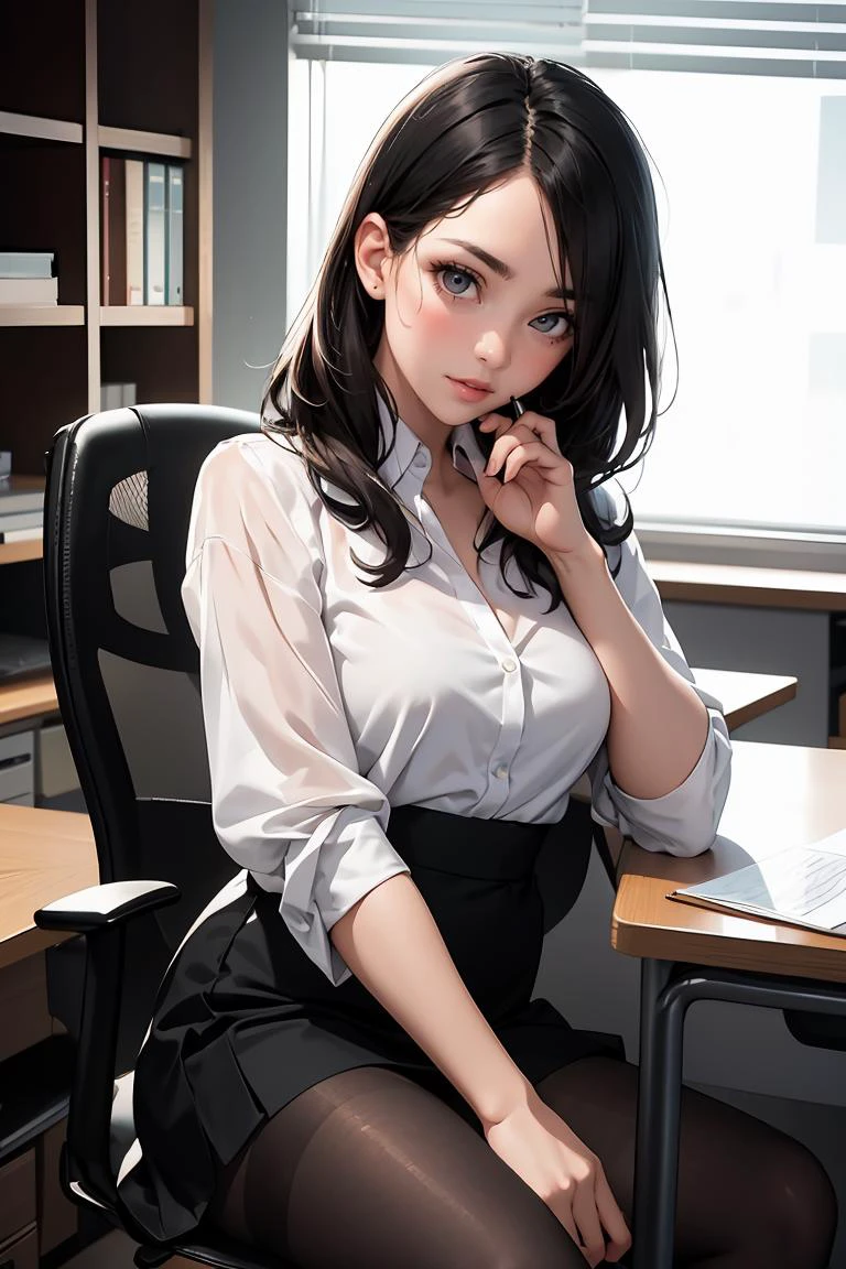 (masterpiece, best quality), a young black haired girl office secretary dressed in a transparent white blouse and black office skirt and black pantyhose ,sitting in an office chair, holding pencil, (detailed skin:1.3),(detailed eyes), (sharp focus),