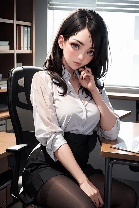 (masterpiece, best quality), a young black haired girl office secretary dressed in a transparent white blouse and black office skirt and black pantyhose ,sitting in an office chair, holding pencil, (detailed skin:1.3),(detailed eyes), (sharp focus),