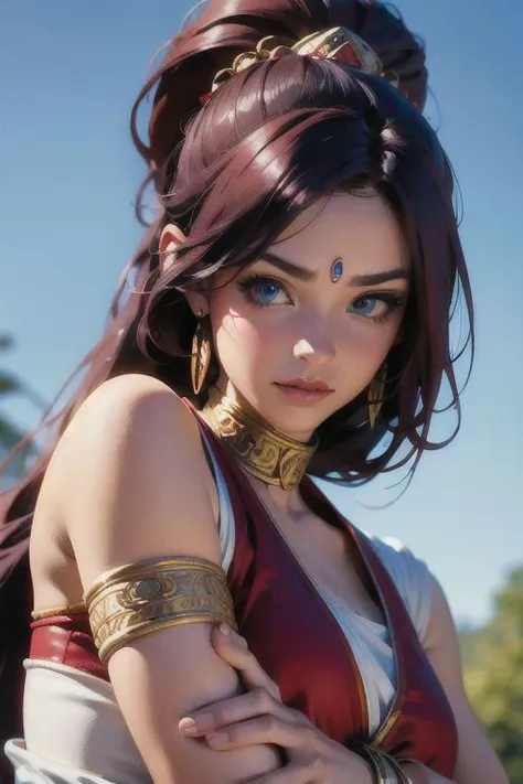 1woman , Mayan outfit , Mayan jewelries, perfect blue eyes, red mix hair ,pony tail hair, ((beautiful face)),(((best quality, masterpiece))),(((extreme realistic)))