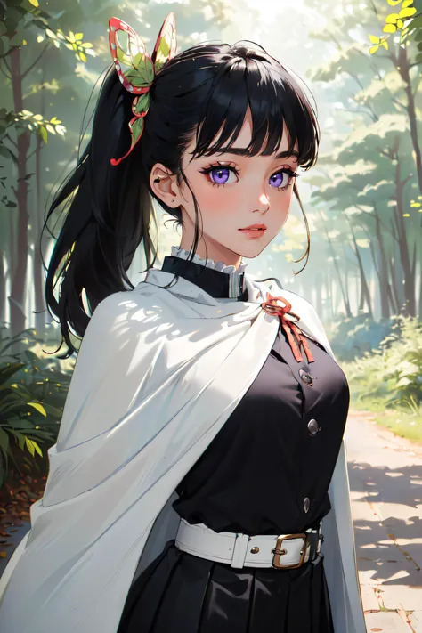 (masterpiece, best quality, ultra detailed, absurdres:1.5), 1girl, (sexy, beautiful woman, perfect face, perfect eyes, perfect female body:1.5), (aakanao, long hair, side ponytail, hair ornament, white cape, black jacket, long sleeves, belt, pleated skirt, black skirt, <lora:tsuyuri_kanao_v1:0.8>), (standing, outdoors, forest), perfect lighting, smooth, hdr