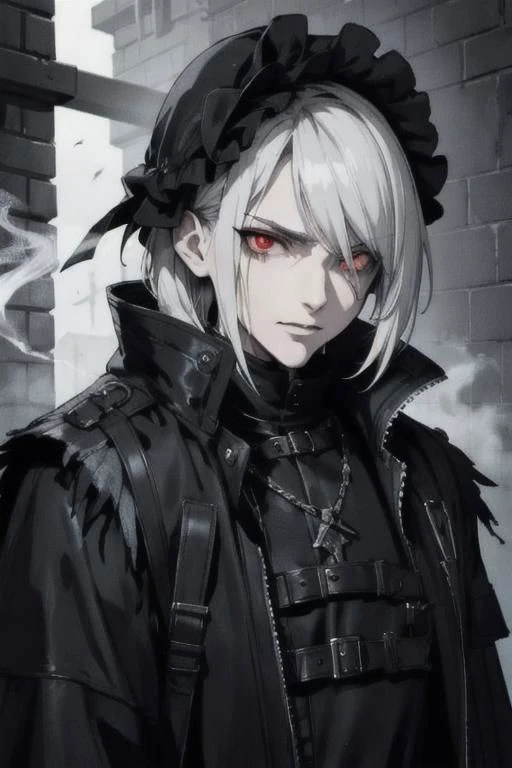 upper body, looking at viewer, 1man, smoking man, solo, black techwear coat, dark fantasy city, very short gray and white shaggy hair, red eyes, brutal, some smirked, detalized face, anime, with buckle and tape, bloodborne,  (masterpiece, top quality, best quality, extreme detailed, highest detailed, official art, cinematic composition), (eyeliner:0.5),(blush:0.5), below_view, (Highest Quality)