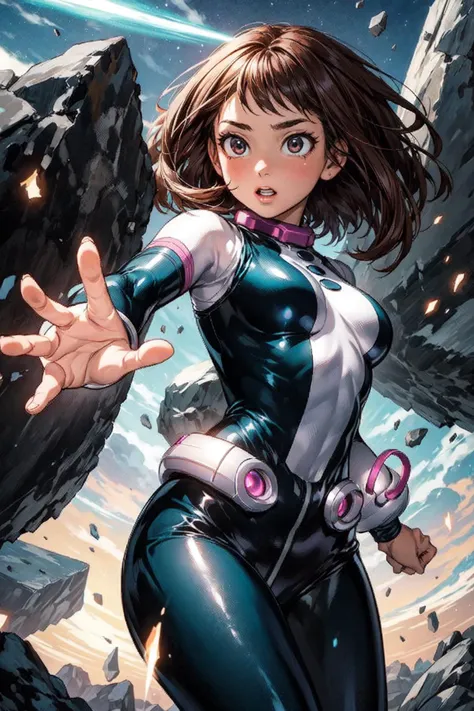 thick outlines, comics, photorealistic, masterpiece:1.2, , 1girl, solo, small breast, levitate, <lora:ochako v1:0.7>, ochako, brown hair, bodysuit, belt, sky, levitating rocks, detailed background, detailed face, detailed eyes, <lora:add_detail:0.7>