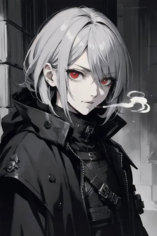 upper body, looking at viewer, 1man, smoking man, solo, black techwear coat, dark fantasy city, very short gray and white shaggy hair, red eyes, brutal, some smirked, detalized face, anime, with buckle and tape, bloodborne,  (masterpiece, top quality, best quality, extreme detailed, highest detailed, official art, cinematic composition), (eyeliner:0.5),(blush:0.5), below_view, (Highest Quality)