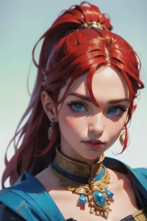 1woman , Mayan outfit , Mayan jewelries, perfect blue eyes, red mix hair ,pony tail hair, ((beautiful face)),(((best quality, masterpiece))),(((extreme realistic)))