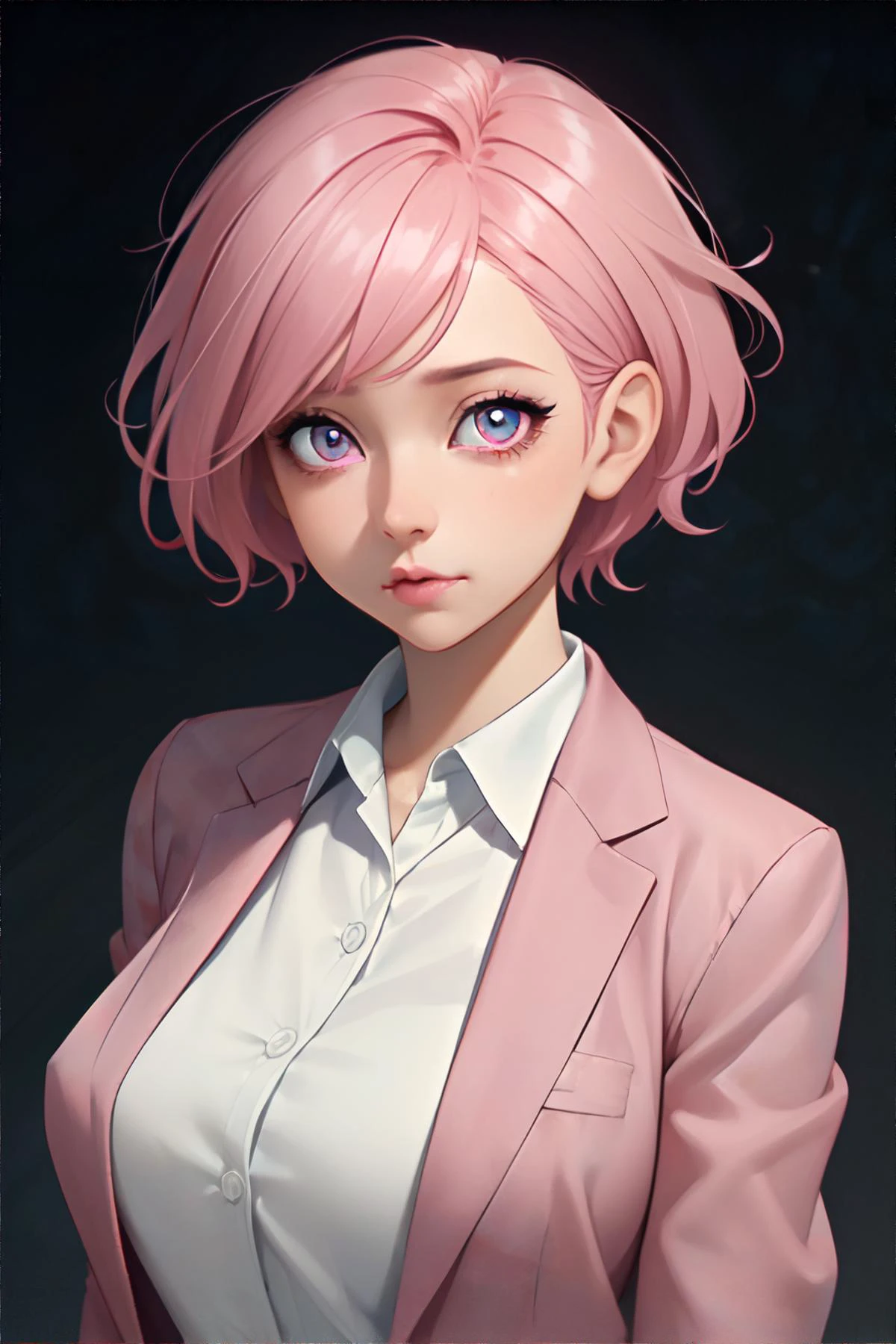 <lora:lofi-hifi:0.5> woman wearing hazel Business Casual Attire, pink Curly Pixie, gradient eyes, Expressing Amazement, <clip:skip:2>, masterpiece, 8k, high resolution, shallow depth of field, sharp focus