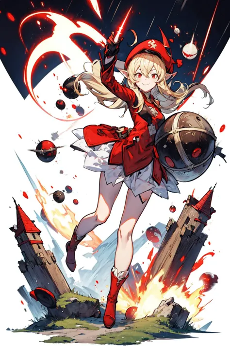 1girl, solo, evil smile, dynamic pose, holding a bomb, it's raining bombs, red round bombs, explosions, <lora:Adult_Klee_Genshin:0.7>, Adult_Klee_Genshin, pointy ears, red hat, blonde, outdoors, medieval town, <lora:add_detail:0.7>,  <lora:tachi-e:1>, white background, full body,