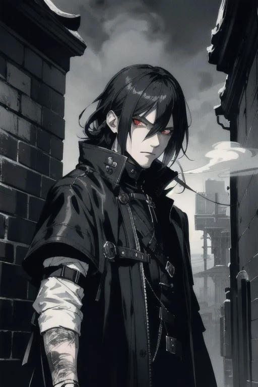 upper body, looking at viewer, 1man, smoking man, solo, black techwear coat, dark fantasy city, very short gray and white shaggy hair, red eyes, brutal, some smirked, detalized face, anime, with buckle and tape, bloodborne, (masterpiece, top quality, best quality, extreme detailed, highest detailed, official art, cinematic composition), (eyeliner:0.5),(blush:0.5), below_view, (Highest Quality)