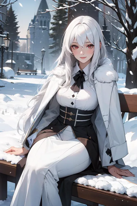 (masterpiece, best quality, ultra detailed:1.4), realistic, 1girl, (mature_woman:1.3),  white_hair, blush, long_hair, looking_at_viewer, smile, swept_bangs, very_long_hair, red_eyes, glowing skin, from_below, high contrast,  hair between eyes, long coat
sitting on a bench
detailled background, snow, snowfall, ssnowflakes, ice, colds, trees, faraway castle, lantern