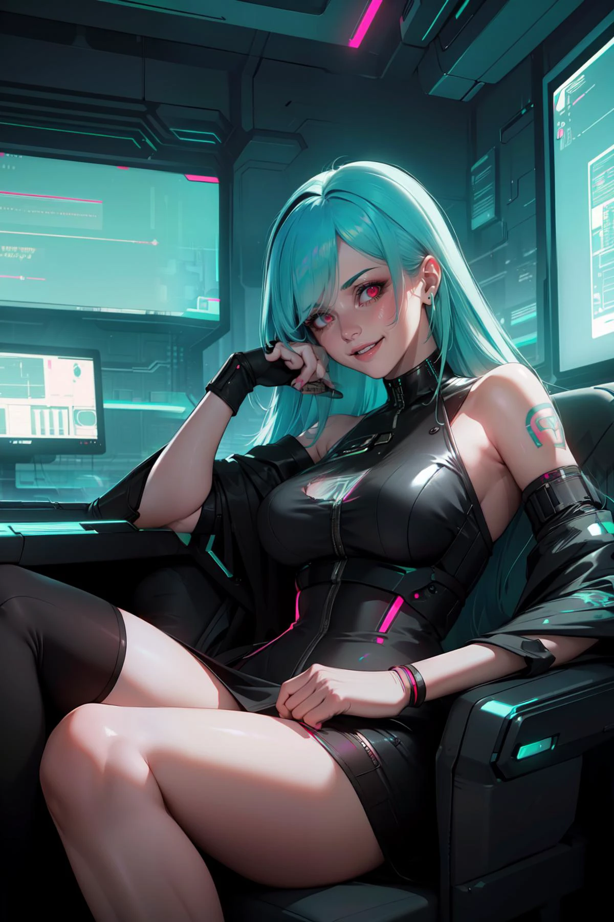 (masterpiece, best quality, ultra detailed:1.4), 1girl, (mature woman:1.5), aqua_hair, neon_hair, long_hair, looking_at_viewer, swept_bangs, very_long_hair, smile, high contrast, cyberpunk dress, sitting on a cyberpunk chair, thigh highs, cyberpunk tattoo
detailed background, cyberpunk, futuristic
<lora:EyesGen:0.5> eyesgen, (red_eye:1.1), smile, smug
<lora:Cyberspace_background_composer:0.8> neon lights, colorful, glowing, scenery, indoors, science fiction