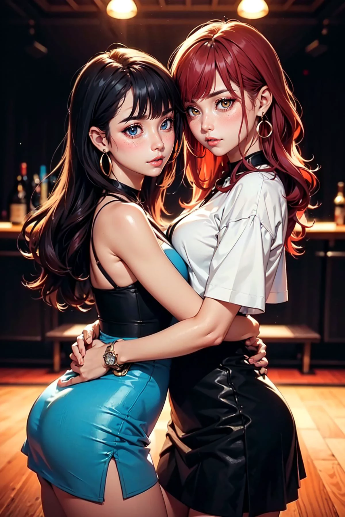 (masterpiece, best quality, hires, high resolution:1.2), (depth of field:1.2), 2girls in a nightclub, hug, looking at viewer, BREAK short skirt, red hair, long hair, earrings, jewelry, blunt bangs, makeup, blue eyes, BREAK tight black pants, white hair, long hair, earrings, jewelry, makeup, yellow eyes