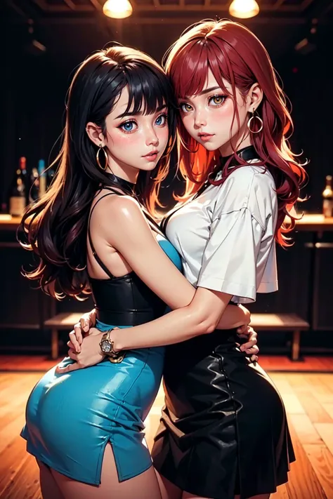 (masterpiece, best quality, hires, high resolution:1.2), (depth of field:1.2), 2girls in a nightclub, hug, looking at viewer, BREAK  short skirt, red hair, long hair, earrings, jewelry, blunt bangs, makeup, blue eyes, BREAK   tight black pants, white hair, long hair, earrings, jewelry, makeup, yellow eyes