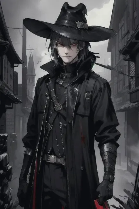 upper body, looking at viewer, 1man, smoking man, solo, black techwear coat, dark fantasy city, very short gray shaggy hair, red eyes, brutal, some smirked, detalized face, anime, with buckle and tape, bloodborne, cowboy hat, (masterpiece, top quality, best quality, extreme detailed, highest detailed, official art, cinematic composition), (eyeliner:0.5),(blush:0.5), below_view, (Highest Quality)