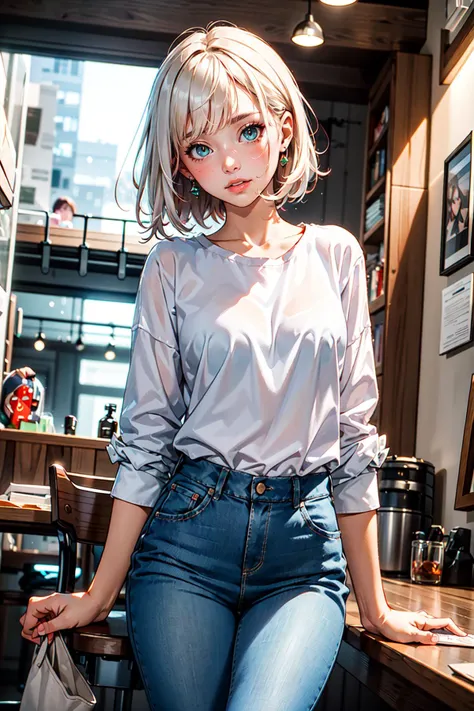 (masterpiece, best quality, hires, high resolution:1.2), (depth of field:1.2), 2girls ,  1girl, white hair, short hair, standing, white shirt, blue jeans AND (masterpiece, best quality, hires, high resolution:1.2), (depth of field:1.2), 2girls ,  1girl, red hair, green eyes, long hair, sitting