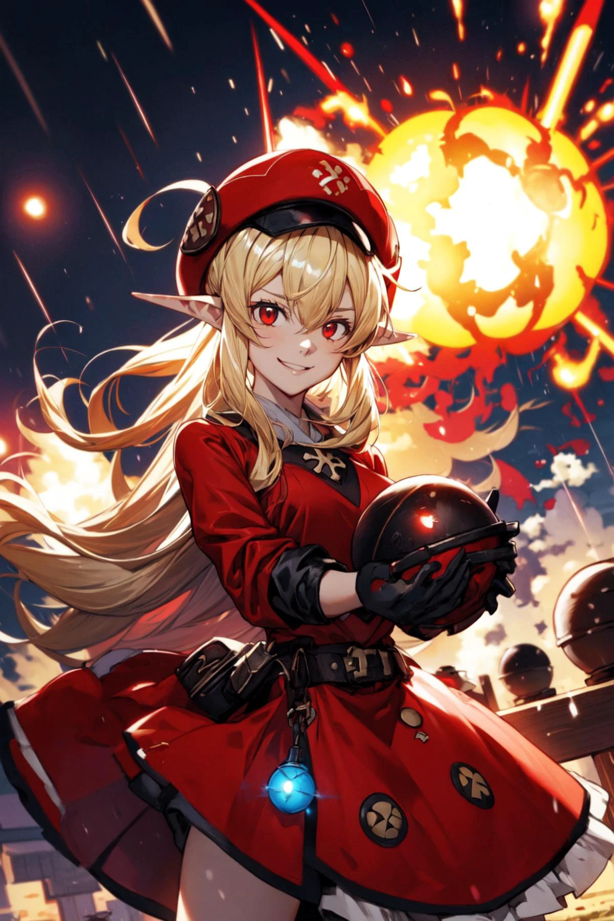 1girl, solo, evil smile, dynamic pose, holding a bomb, it's raining bombs, red round bombs, explosions, <lora:Adult_Klee_Genshin:0.7>, Adult_Klee_Genshin, pointy ears, red hat, blonde, outdoors, medieval town, <lora:add_detail:0.7>,