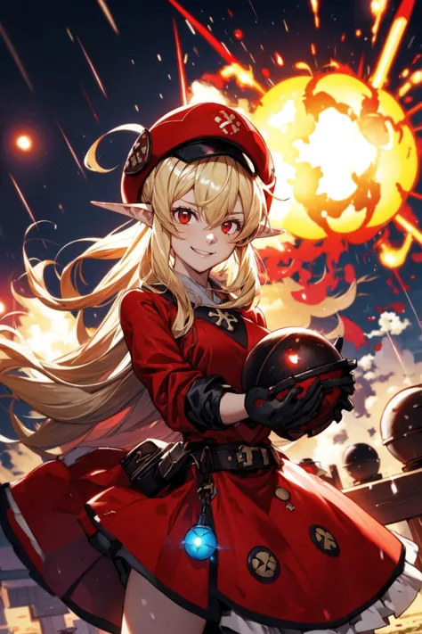 1girl, solo, evil smile, dynamic pose, holding a bomb, it's raining bombs, red round bombs, explosions, <lora:Adult_Klee_Genshin:0.7>, Adult_Klee_Genshin, pointy ears, red hat, blonde, outdoors, medieval town, <lora:add_detail:0.7>,