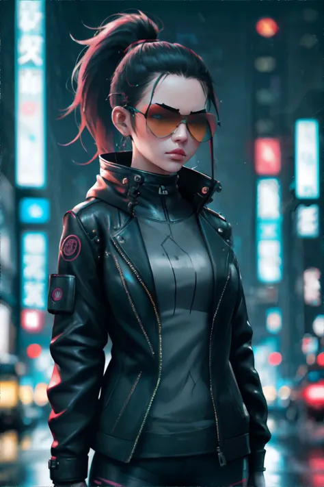 3000 years、Chiba、A female samurai with half of her body made into a cyborg、cyber punk、(((Mirror Goggles)))、holding a handgun、Estimated Age28age、Bodysuit that fits the body、Skinny、skinny pants、Casual wear、sober、Wearing a half-coat