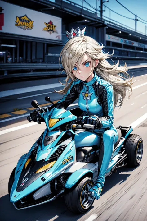 thick outlines, comics, photorealistic, 1girl, solo, driving a kart, holding a blue shell, death stare, <lora:RosalinaV3:0.8>, IncrsRsln, hair over one eye, RslnBiker, biker clothes, bikesuit, crown, bodysuit, gloves, kart race, race track, detailed background, detailed face, detailed eyes, <lora:add_detail:0.7>