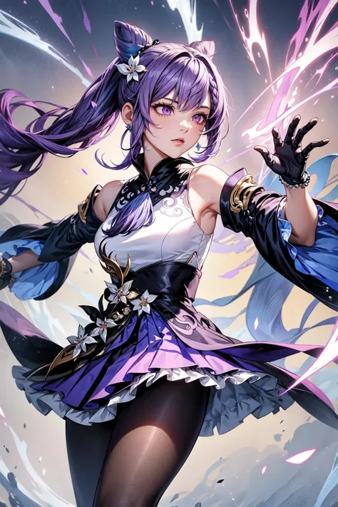 thick outlines, comics, photorealistic, perfect hands, masterpiece:1.2, colorful, 1girl, solo, electrikal magic, small breast, standing, <lora:keqing_lion_optimizer_dim64_loraModel_5e-3noise_token1_4-3-2023:0.7>, keqing (piercing thunderbolt) (genshin impact), keqing (genshin impact), pantyhose, hair bun, purple hair, gloves, twintails, long hair, purple eyes, diamond-shaped pupils, bare shoulders, hair ornament, black pantyhose, cone hair bun, detached sleeves, dress, jewelry, earrings, bangs, frills, purple dress, black gloves, braid, skirt, chinese temple, detailed face, detailed eyes, <lora:add_detail:0.7>