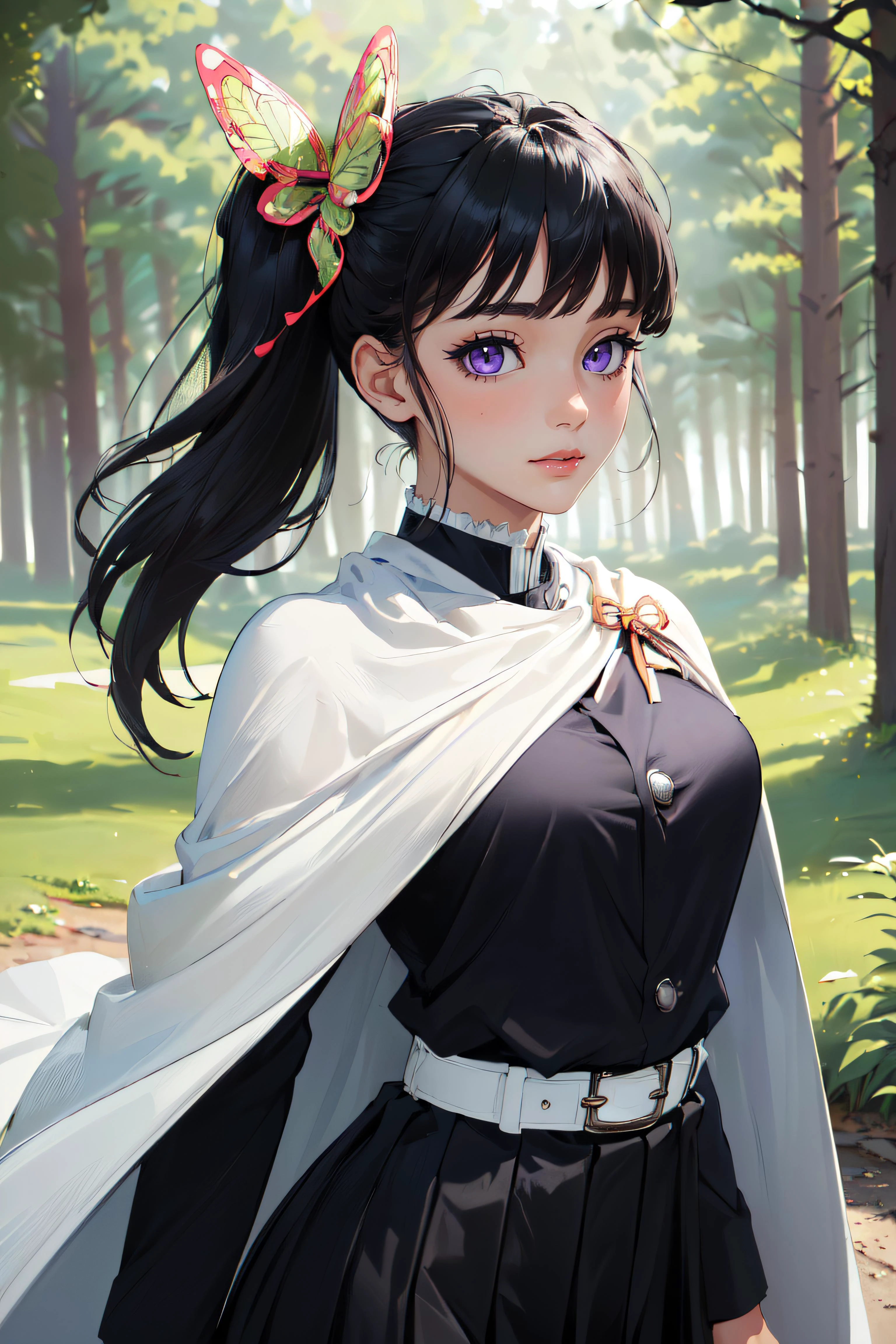 (masterpiece, best quality, ultra detailed, absurdres:1.5), 1girl, (sexy, beautiful woman, perfect face, perfect eyes, perfect female body:1.5), (aakanao, long hair, side ponytail, hair ornament, white cape, black jacket, long sleeves, belt, pleated skirt, black skirt, <lora:tsuyuri_kanao_v1:0.8>), (standing, outdoors, forest), perfect lighting, smooth, hdr