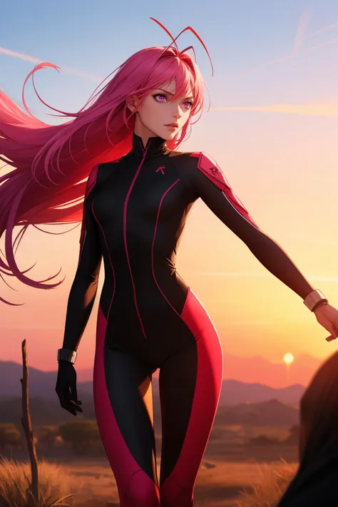 (high quality, best quality, sharp focus:1.2), (apocalyptic africa, african, female, woman:1), (assassin, wearing skintight combat suit:1.1), (pink_eyes:1), (gradient_hair, very_long_hair, antenna_hair:1), (slender body:1.25),