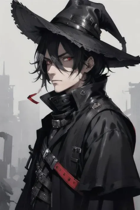 upper body, looking at viewer, 1man, smoking man, solo, black techwear coat, dark fantasy city, very short gray shaggy hair, red eyes, brutal, some smirked, detalized face, anime, with buckle and tape, bloodborne, cowboy hat, (masterpiece, top quality, best quality, extreme detailed, highest detailed, official art, cinematic composition), (eyeliner:0.5),(blush:0.5), below_view, (Highest Quality)