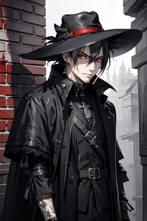 upper body, looking at viewer, 1man, smoking man, solo, black techwear coat, dark fantasy city, very short gray shaggy hair, red eyes, brutal, some smirked, detalized face, anime, with buckle and tape, bloodborne, cowboy hat, (masterpiece, top quality, best quality, extreme detailed, highest detailed, official art, cinematic composition), (eyeliner:0.5),(blush:0.5), below_view, (Highest Quality), earrings