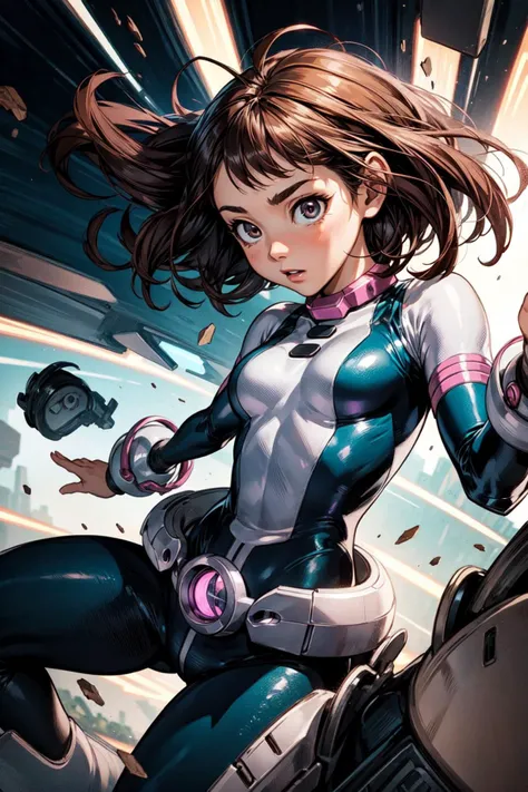 thick outlines, comics, photorealistic, masterpiece:1.2, 1girl, solo, small breast, levitate, <lora:ochako v1:0.6>, ochako, brown hair, bodysuit, belt, training ground, detailed background, detailed face, detailed eyes, <lora:add_detail:0.7>