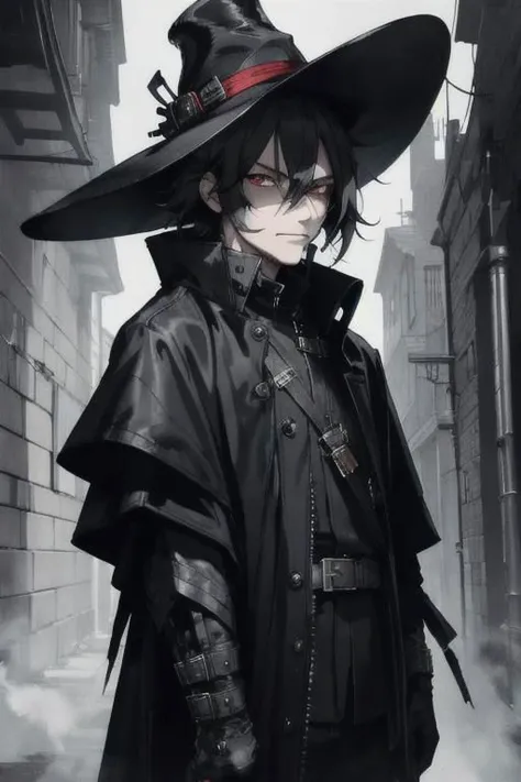 upper body, looking at viewer, 1man, smoking man, solo, black techwear coat, dark fantasy city, very short gray shaggy hair, red eyes, brutal, some smirked, detalized face, anime, with buckle and tape, bloodborne, cowboy hat, (masterpiece, top quality, best quality, extreme detailed, highest detailed, official art, cinematic composition), (eyeliner:0.5),(blush:0.5), below_view, (Highest Quality)